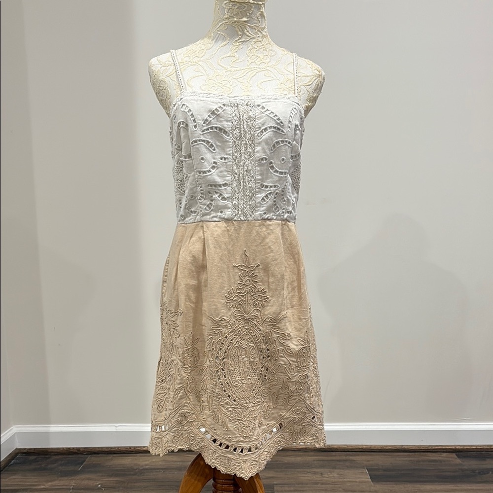 Anthropologie White and Beige Embroidered Spaghetti Strap Dress